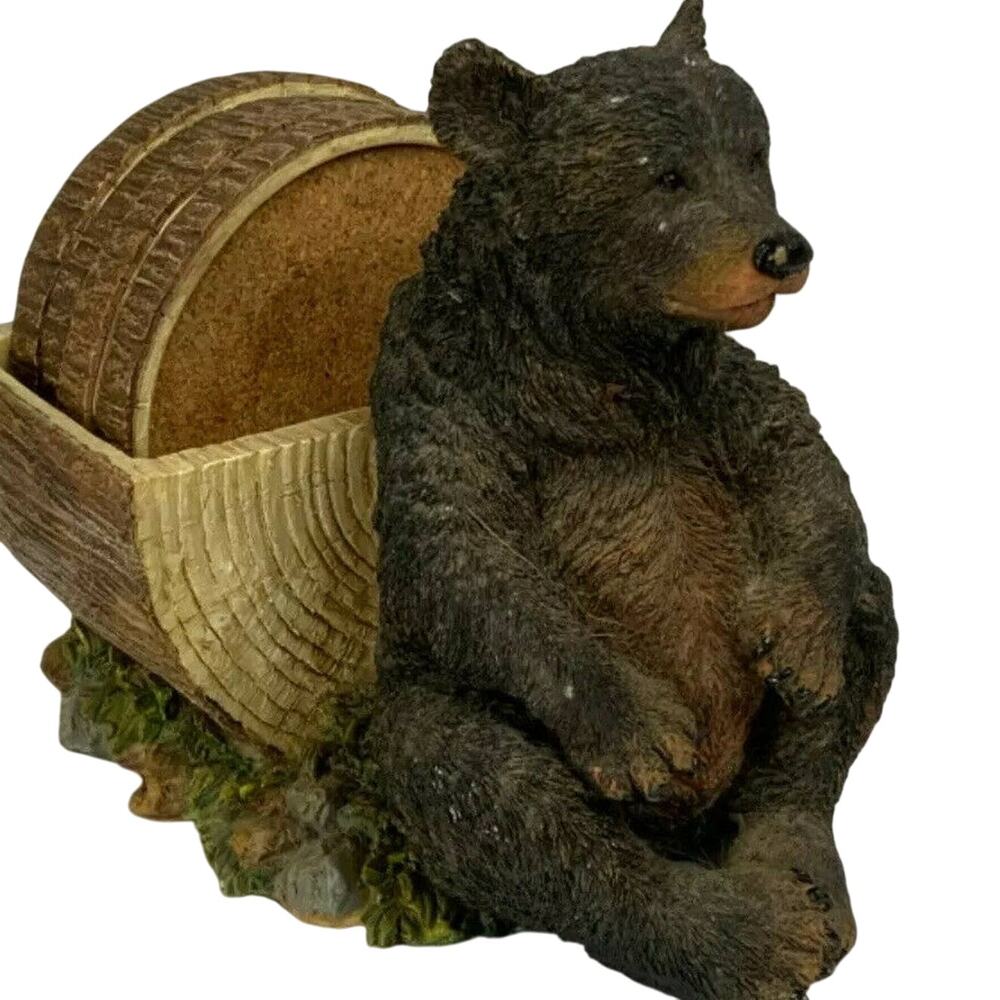 Black Bear & Log Coaster 5 Piece Set - Four Coasters Plus Holder - Cabin Decor